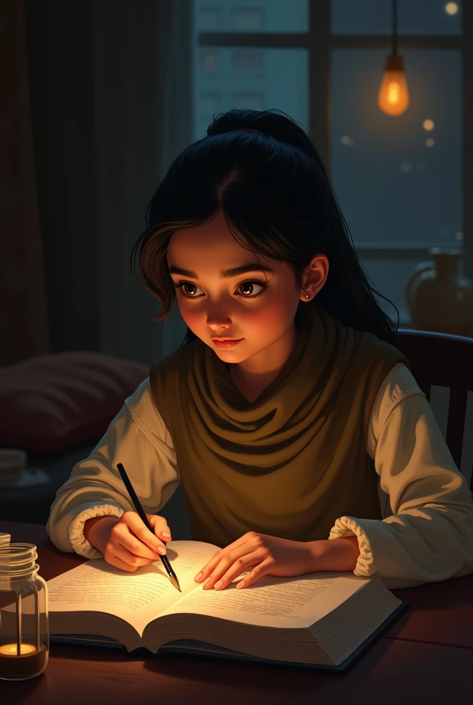 A girls his name is 'samawiyah zafar'. Study at night with lamp, and write her name in text "samawiyah zafar" write in text form his name in front.
