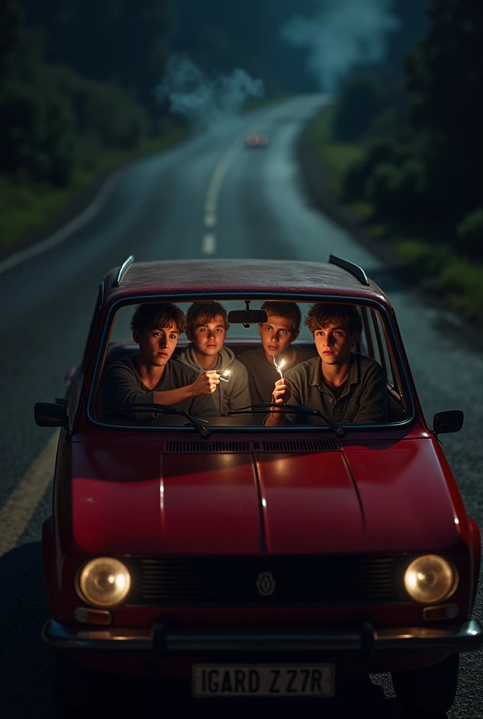4 boys inside a red Fiat Tipo smoking ????????? on the road at night