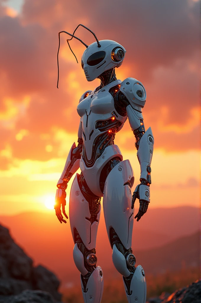 Fire ant in white glossy cyborg costume standing between sunset
