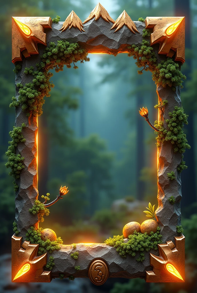 Create a 3D stylized card frame for an earth-themed character with a sturdy, rugged structure that complements the character's nature-inspired design. The frame should be solid and grounded, using earthy browns, mossy greens, and rich gold shades with glowing rock and vine effects around the edges. Incorporate mountain motifs at the top, metallic bronze corners with a rough-hewn texture, and vine-like patterns on the sides that resemble creeping plants. The bottom section should feature a stone texture with cracks filled with glowing moss and engraved earth symbols. Ensure the frame has transparent sections to blend with the background and fits the character perfectly without obstructing key details, leaving space for text or stats at the bottom.
