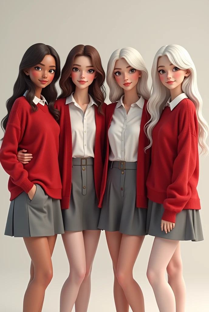 5 friends with red sweater, white blouse, grey skirt and white stockings, 2 are brunettes, one straight and the other wavy, the others are white and thick