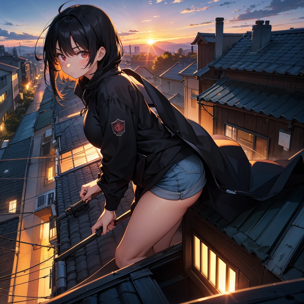 
Create a picture of a black-haired anime character with a serious expression, The face is hidden but it is short, On the roof of a building, Sunset、She&#39;s wearing a bloody maid outfit、Holding a flamethrower that has gone off、Watching the sunset 