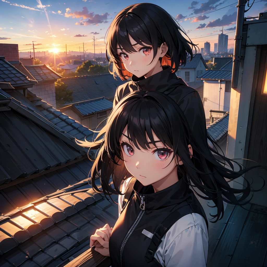 Create a picture of a black-haired anime character with a serious expression, The face is hidden but it is short, On the roof of a building, Sunset、She's wearing a bloody maid outfit、Holding a flamethrower that has gone off、Watching the sunset