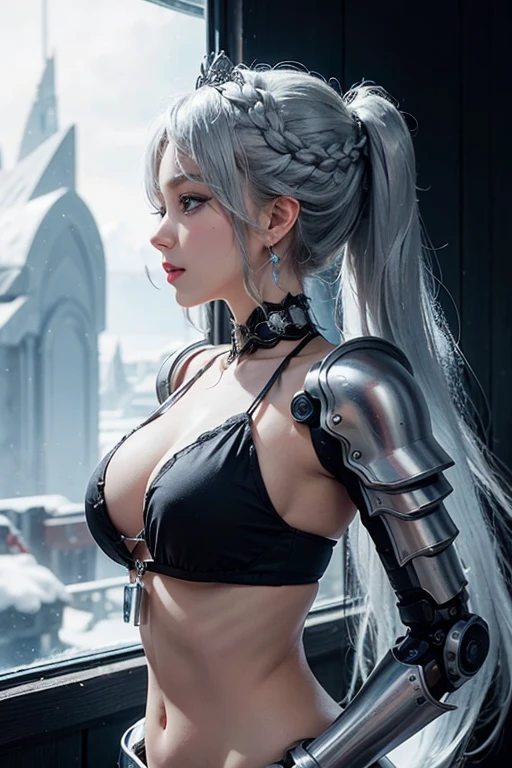 Princess Peach, Arctic Hysteria, ice steampunk, endless white horizon, azure haze, Biomechanical Cyborg Necro Goddess of Permafrost, Blue eyes, long hair, casual profile pose, silver filigree, bikini, futuristic style, athletic body, a lot of braids, long hair
