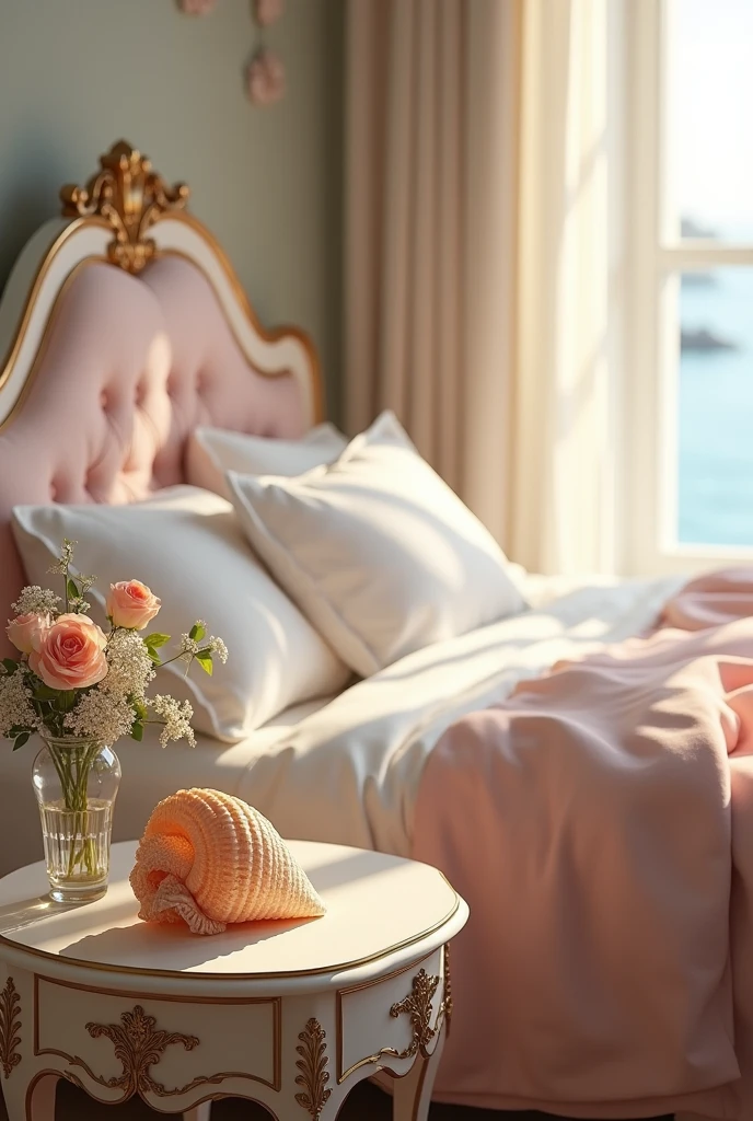 Room with a seashell and a Louis XV style bed in white and pink
