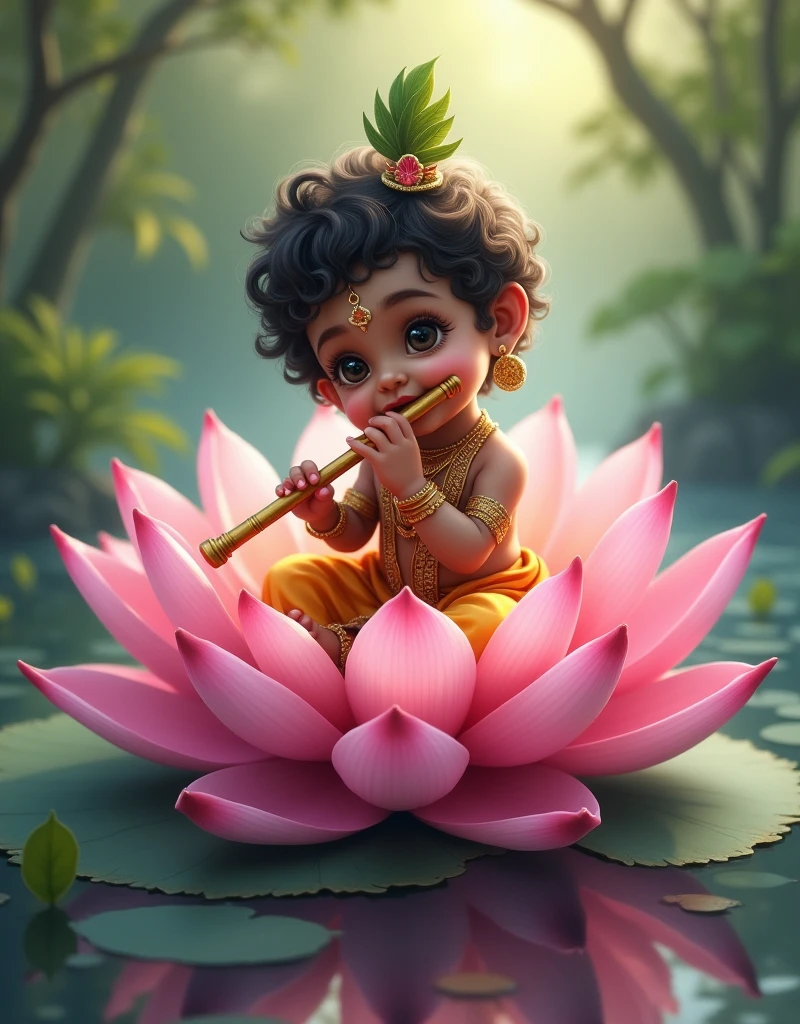 Baby Lord krishna sitting on a pink lotus with a flute