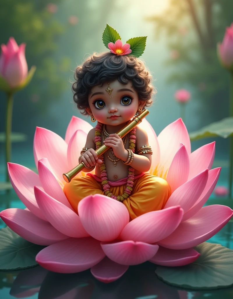 Baby Lord krishna sitting on a pink lotus with a flute