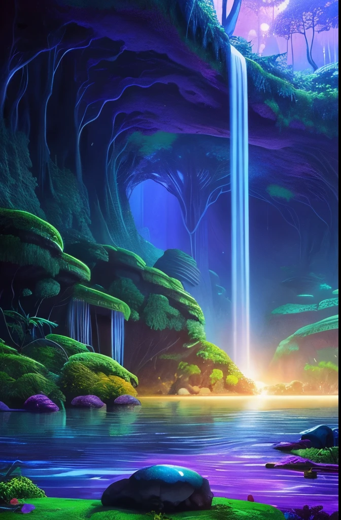 a tree in the middle of a river with a waterfall, a matte painting by Paul Lehr, cgsociety contest winner, fantasy art, beautiful fantasy cave scene, magical cave, magical environment, glowing blue mushrooms in mire, eerie shimmering surroundings, mystical forest lagoon, underwater crystal caverns, enchanting and otherworldly, watery caverns, dark fantasy environment