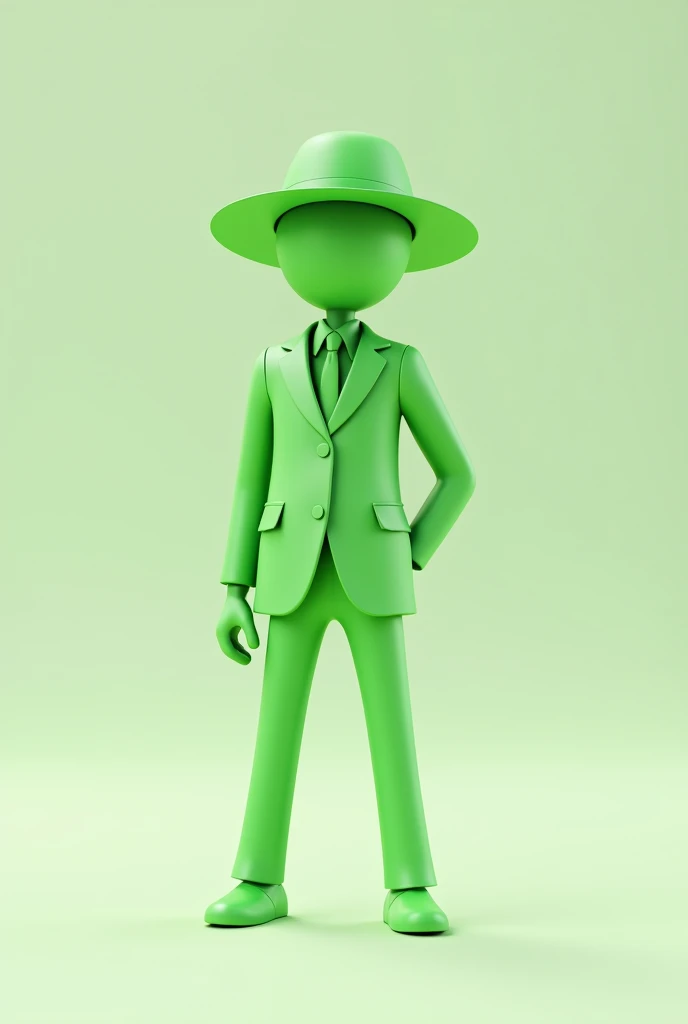 Create a 3D stick figure that is all green and bald with stylish clothes and a hat.