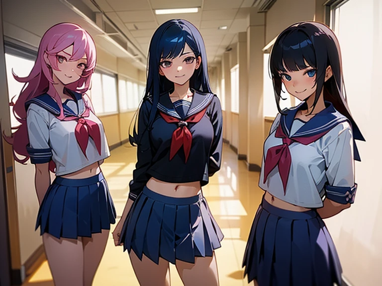 3 sexy girls, same serafuku, navel, blue short skirt, evil smile, school hallway, natural light, detailed, bullys, sexy poses