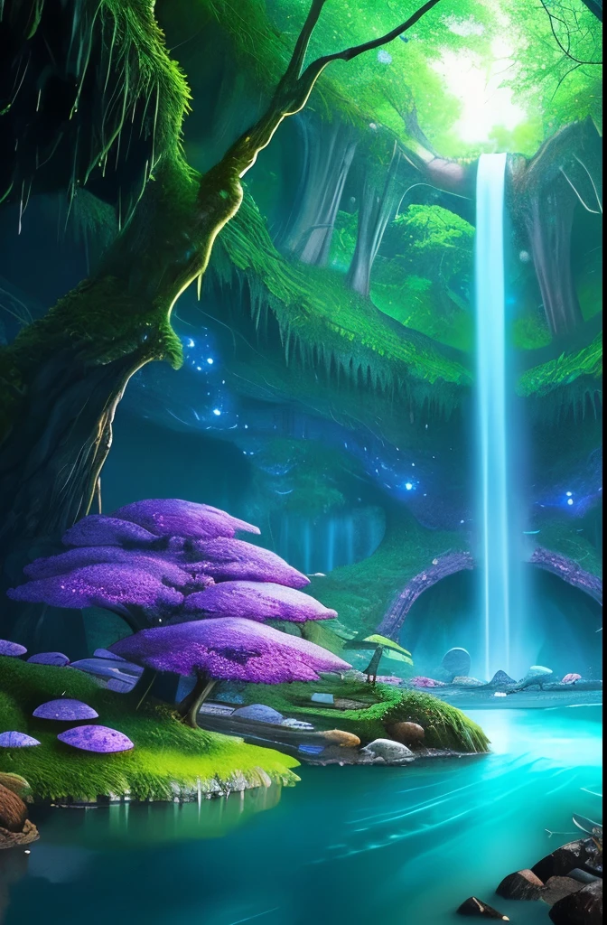 a tree in the middle of a river with a waterfall, a matte painting by Paul Lehr, cgsociety contest winner, fantasy art, beautiful fantasy cave scene, magical cave, magical environment, glowing blue mushrooms in mire, eerie shimmering surroundings, mystical forest lagoon, underwater crystal caverns, enchanting and otherworldly, watery caverns, dark fantasy environment