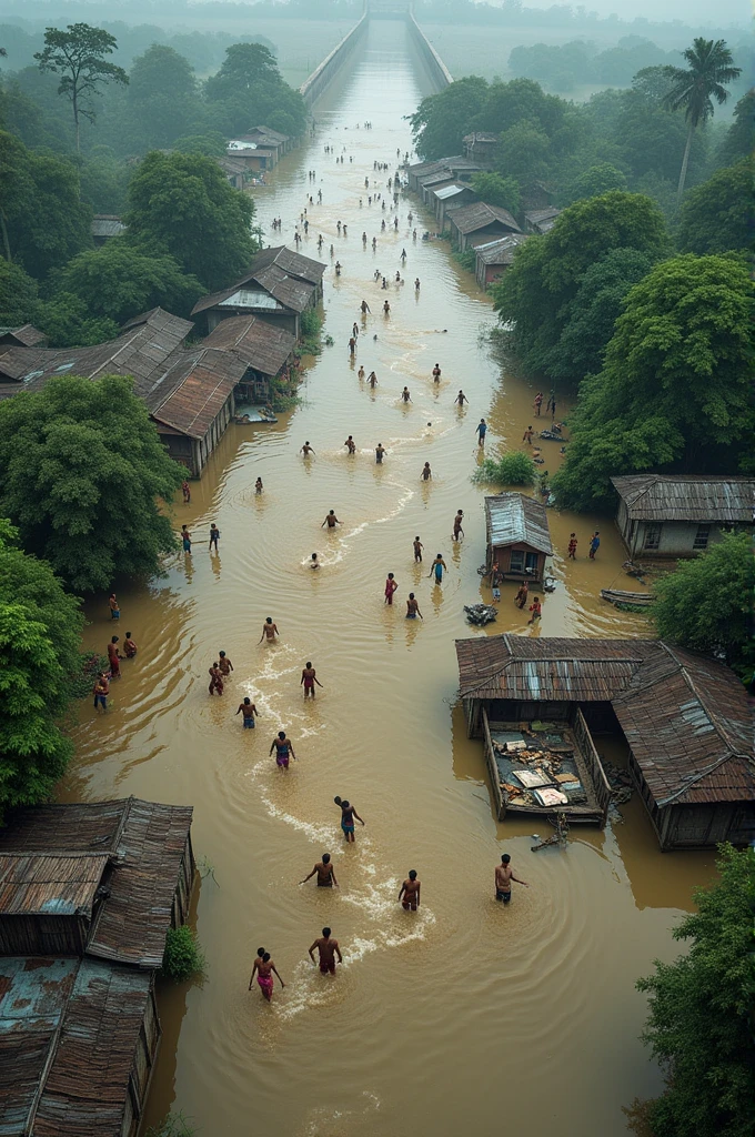 Indian dam flooded Bangladeshi village area 
Top view. Bangladeshi people in danger,scared face reaction