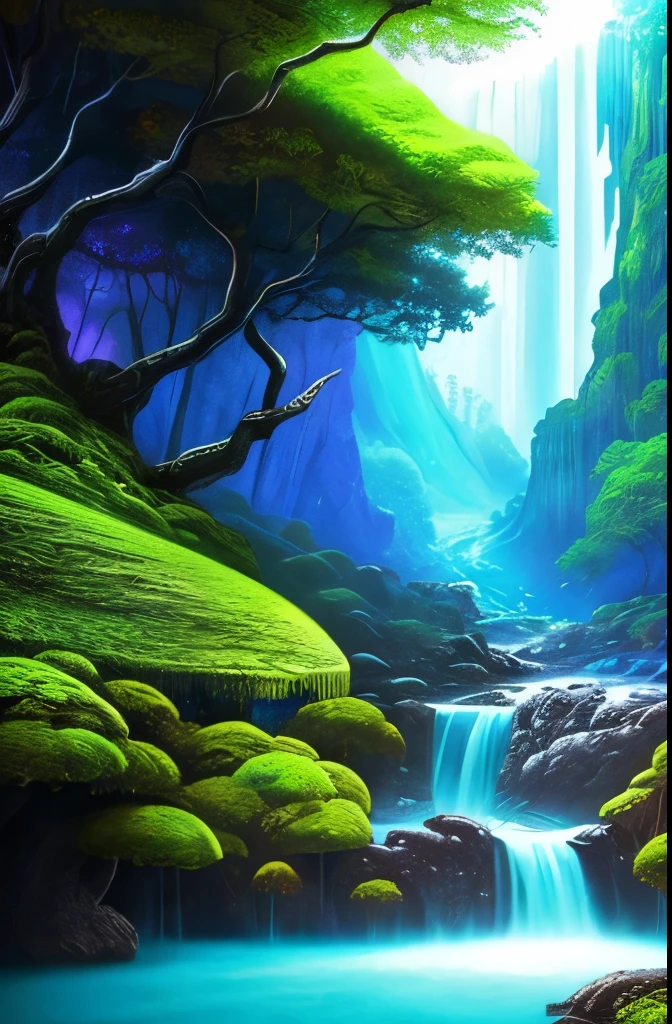 a tree in the middle of a river with a waterfall, a matte painting by Paul Lehr, cgsociety contest winner, fantasy art, beautiful fantasy cave scene, magical cave, magical environment, glowing blue mushrooms in mire, eerie shimmering surroundings, mystical forest lagoon, underwater crystal caverns, enchanting and otherworldly, watery caverns, dark fantasy environment