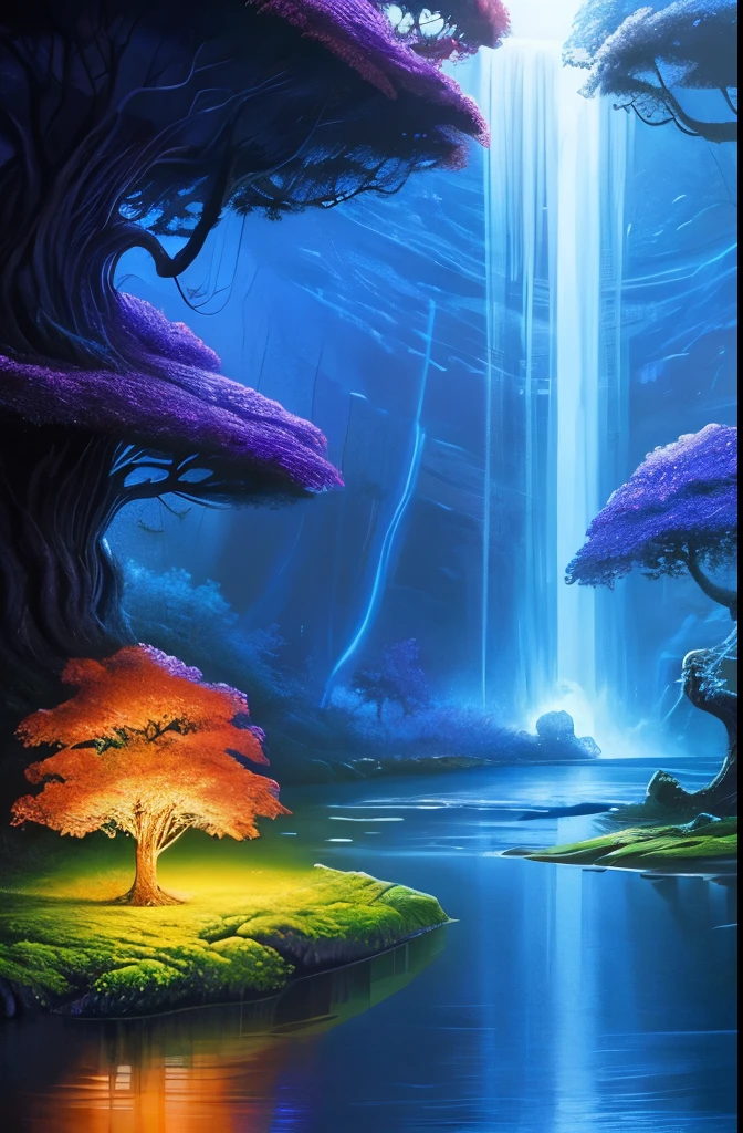 a tree in the middle of a river with a waterfall, a matte painting by Paul Lehr, cgsociety contest winner, fantasy art, beautiful fantasy cave scene, magical cave, magical environment, glowing blue mushrooms in mire, eerie shimmering surroundings, mystical forest lagoon, underwater crystal caverns, enchanting and otherworldly, watery caverns, dark fantasy environment