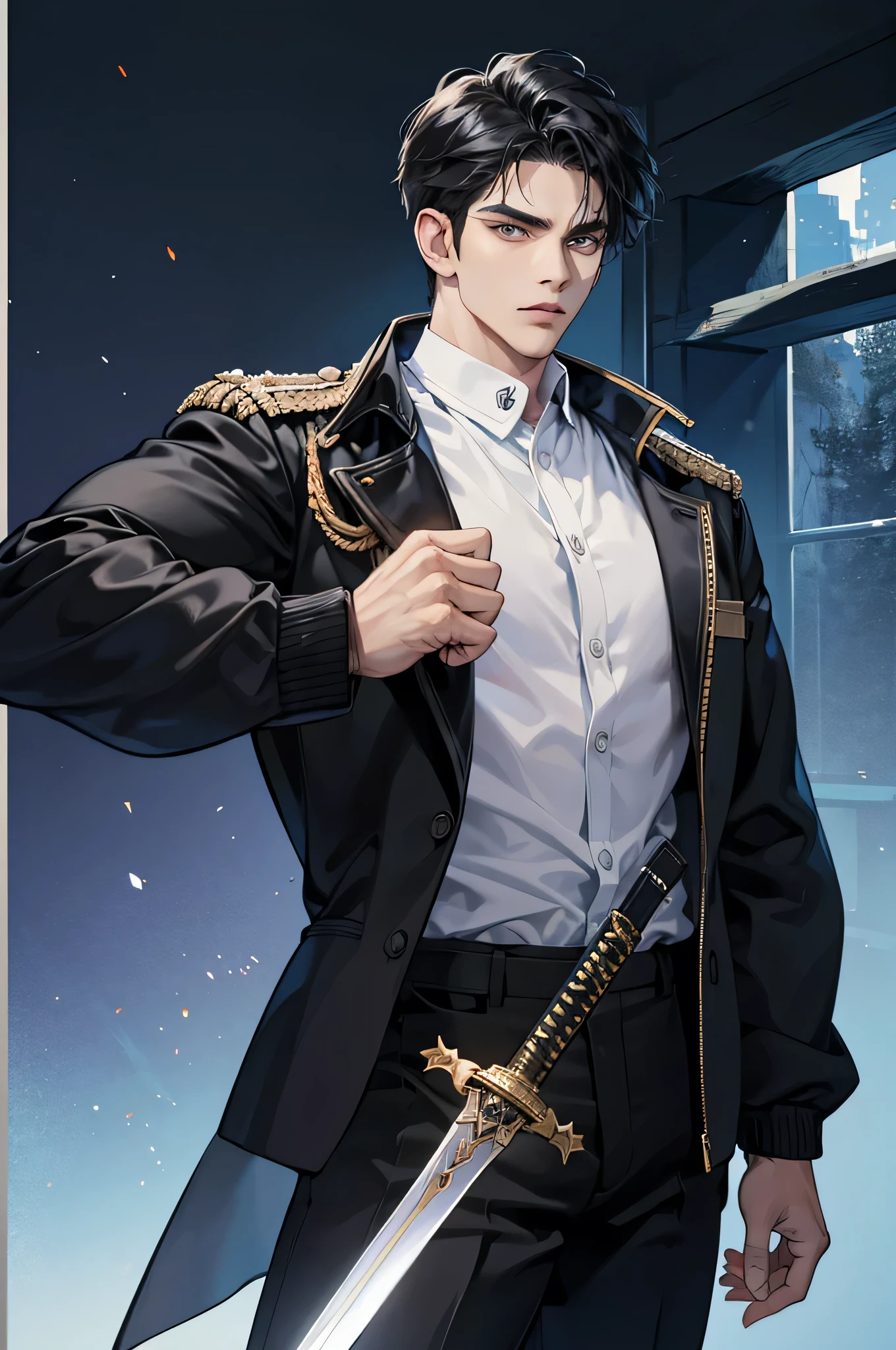 1male, black hair, wearing shirt with jacket, uniform, sword, mature man, protagonist, muscular, fantasy background, window background, absurdres, high res, ultrasharp, masterpiece, looking at viewer