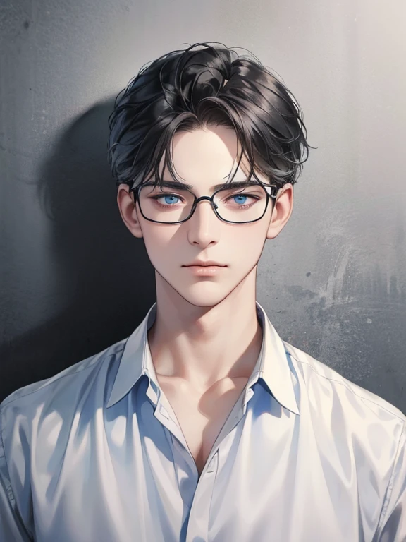 masterpiece, best quality, 1male, short grey black hair, blue eyes, glasses, white shirt, mugshot, wall background, detailed eyes, detailed facial features, realistic and high resolution (best quality, 4k, 8k, highres, masterpiece:1.2)