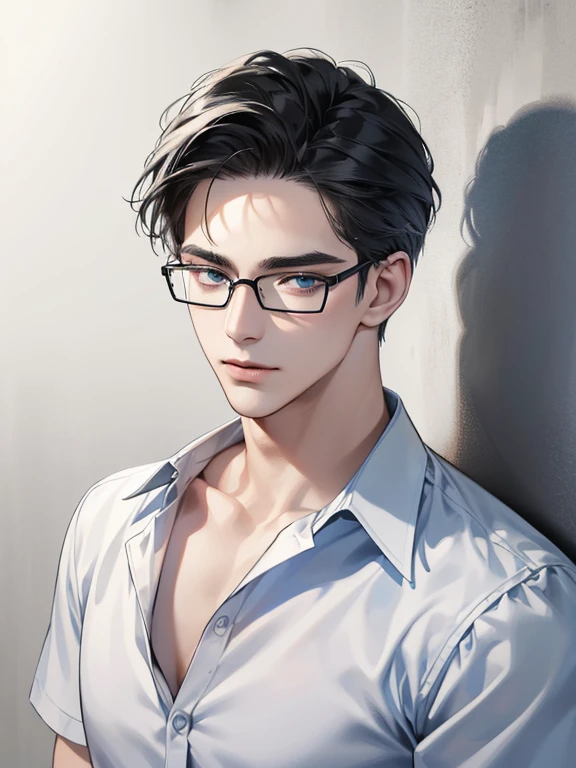 masterpiece, best quality, 1male, short grey black hair, blue eyes, glasses, white shirt, mugshot, wall background, detailed eyes, detailed facial features, realistic and high resolution (best quality, 4k, 8k, highres, masterpiece:1.2)