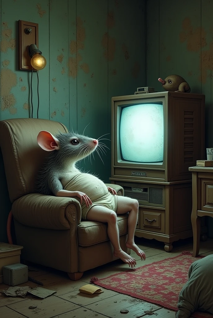 A rat in underwear watching television, an ugly rat and a poor house