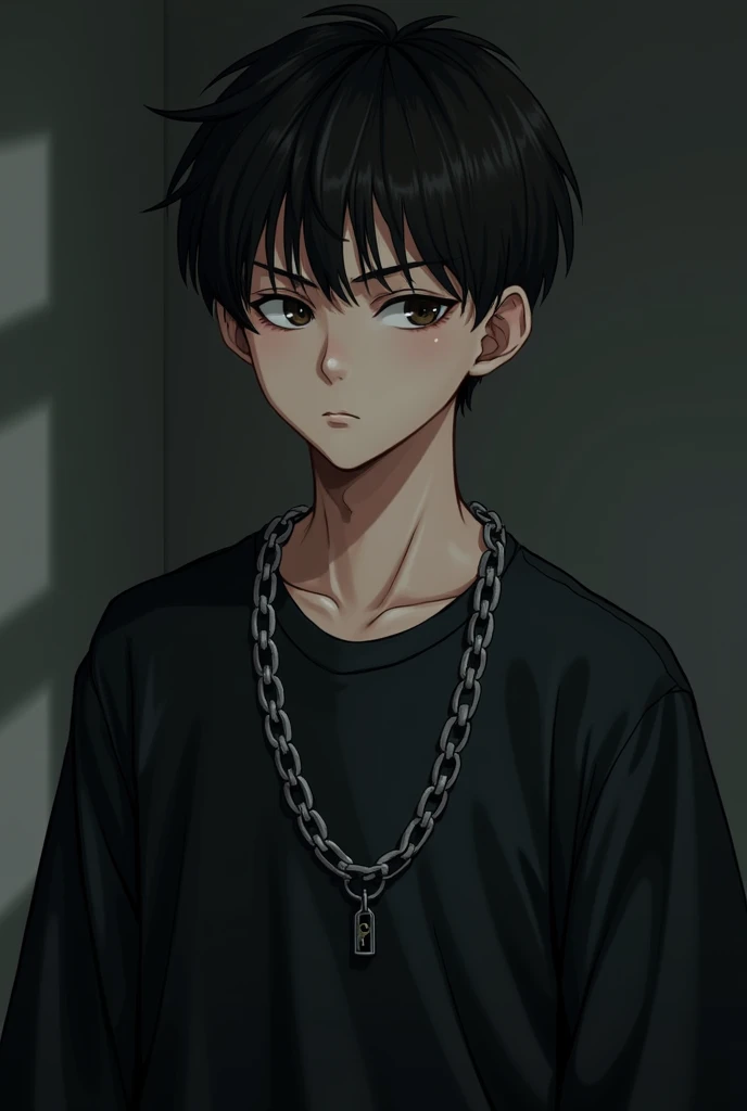 mature boy, short dark cut hair, a chain around the neck, black jersey
