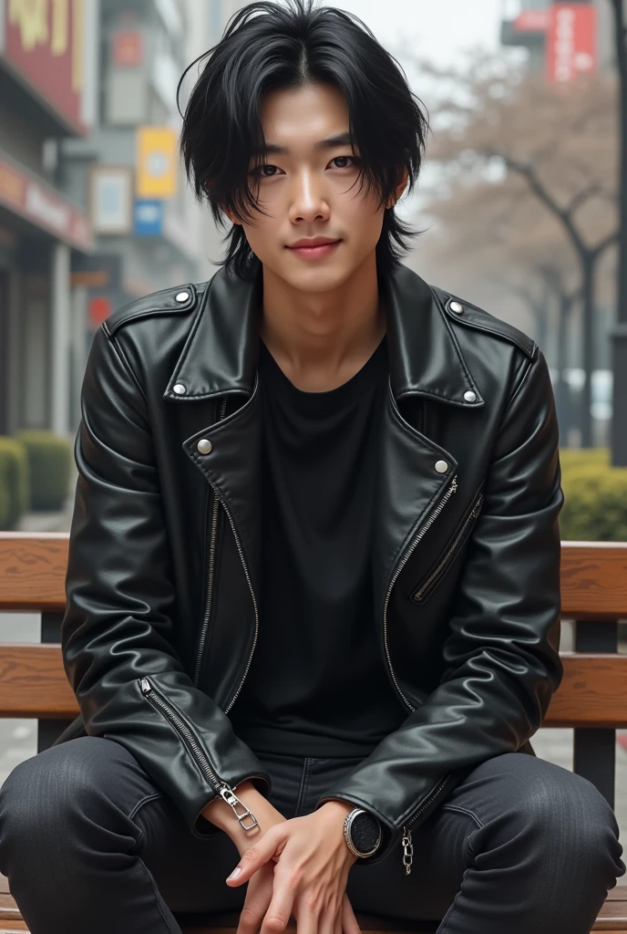 Handsome young Korean man with black leather jacket and long black hair, sitting on a bench smiling