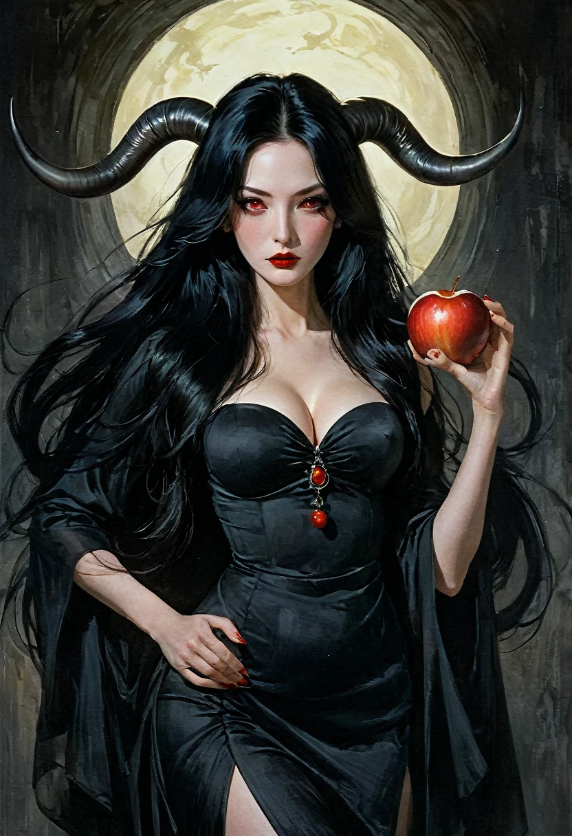 a woman with extremely long black hair that goes to the floor with medium breasts with red eyes looking at an apple while having two short horns folded and the black dress