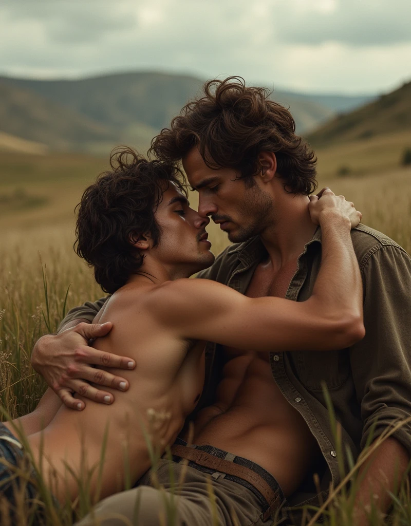 Breakback Mountain, the western United States, Lying on the grass, ！！！Lying on the grass, ！！！the complex relationship between love and sex between two men, Heath Ledger, Jack Glenho, working on the farm, handsome, cowboysexy triangle thongs, more details, background scattering 1.8 HD 8k real photos! Sex. Chest muscles! Chest hair! tattoo. white hair Smoke, movie feeling! Movie lights! Award-winning poster Ambiguous and teasing Western cowboy dress up。Close-up multi-angle shooting。The close-up of the protagonist！！！kissing Lying on the grass, taking a picture of God's perspective