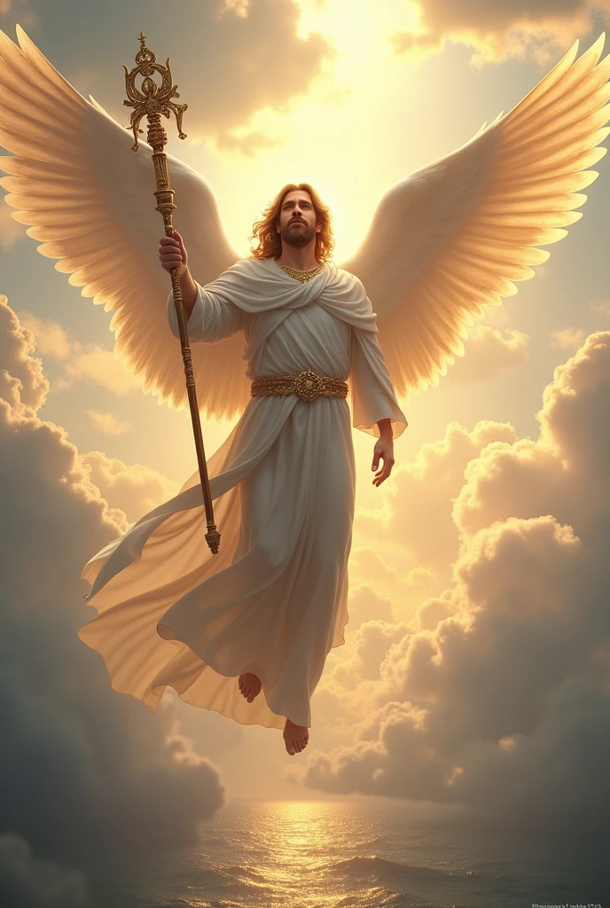 Male Archangel Raphael, angel of Health with his esculapio support In his hand. a cloudy and shine sky floating over the sea,