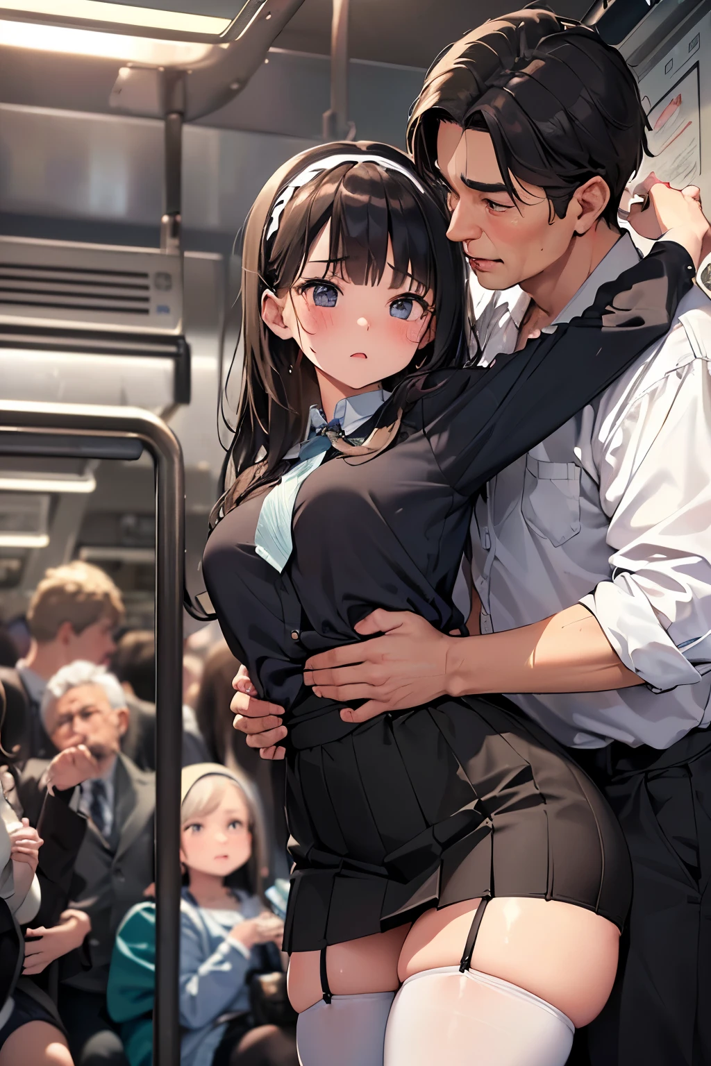 (SFW), ((photorealistic)), (masterpiece), (best quality:1.3), absurdness, [:intricate details1.3], SFW, realistic, masterpiece, (((VERY crowded subway train interior detailed scenario, VERY crowded subway train interior detailed background))), standing insanely hot (young small girl1) using sexy ((skirt)), ((behind skirt lifted)), ((3/4 white stockings)), ((big ass)), ((thick thighs)), ((fear expression)), (blushed face), (perfect body proportions)), old small man ass groping young small girl 1 from behind, (((old small man pressing his chest on young woman 1 back))) and (((holding her waist behind her)))