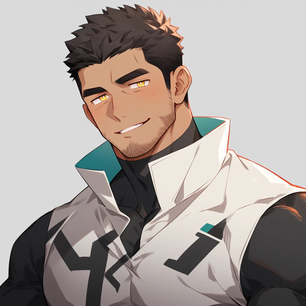 anime characters:Gyee Chris Redfield, Muscle Sports Student, negro black skin, 1 dark skin muscular tough guy, Manliness, male focus, Light yellow high collar long sleeve tight T-shirt, Slightly transparent material, Very tight, Round, full and perky chest muscles, Slightly transparent, muscular male, muscular, only, Upper body, alone, Black short hair, Thick eyebrows, stubble, Yellow eyes, Grey background, simple background, amazing quality, best aesthetics, Ridiculous, bright pupils, crew cut, parted lips, seductive smile, torogao, naughty face, moaning, drop shadow, best quality