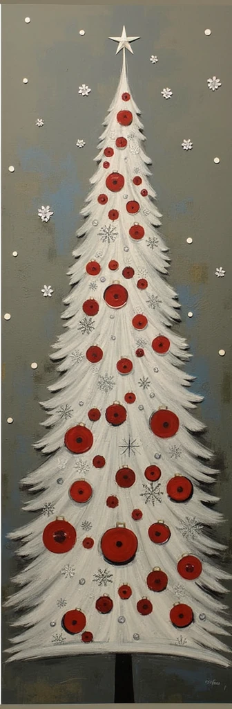 The image features a stylized representation of a Christmas tree. The tree is elongated and tapers to a point at the top, where a star is placed. It is adorned with red ornaments and surrounded by white snowflakes against a grey background, creating a festive and wintery atmosphere.