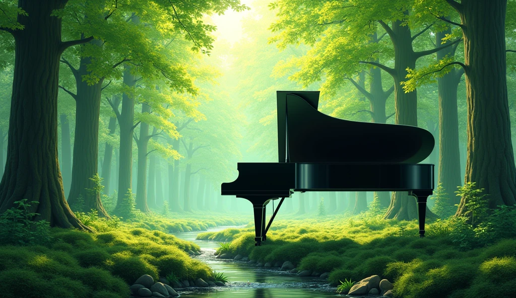 A black grand piano is placed in the middle of a lush green forest. The scene is bathed in soft sunlight filtering through the tall trees and green maple (momiji) leaves, creating a calm and peaceful atmosphere. A small stream runs beside the piano, reflecting the sunlight. The forest floor is covered with moss and leaves, and the piano stands out against the vibrant natural surroundings, adding an element of elegance to the serene landscape. The image should be detailed and realistic, capturing the tranquility of the forest and the beauty of the piano.