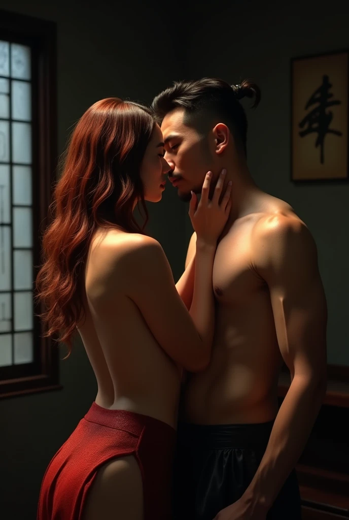 (clear content, High sexual tension, Intense emotions, Very detailed, realistic, raw, movie light, Side lighting, close up, best quality, high resolution) In a quiet, dimly lit room, Ancient Chinese woman from the Tang Dynasty, Available in length, Her wavy, shiny red-black hair draped over her shoulders., And her slender body was naked., โน้มตัวเข้าหาhusbandชาย, Her eyes were fixed on his as they both looked into every part of his body., The initial desire that developed between them. husband, With strong abs and arms, He ran his fingers through her hair as he kissed her passionately., Their bodies pressed together passionately.