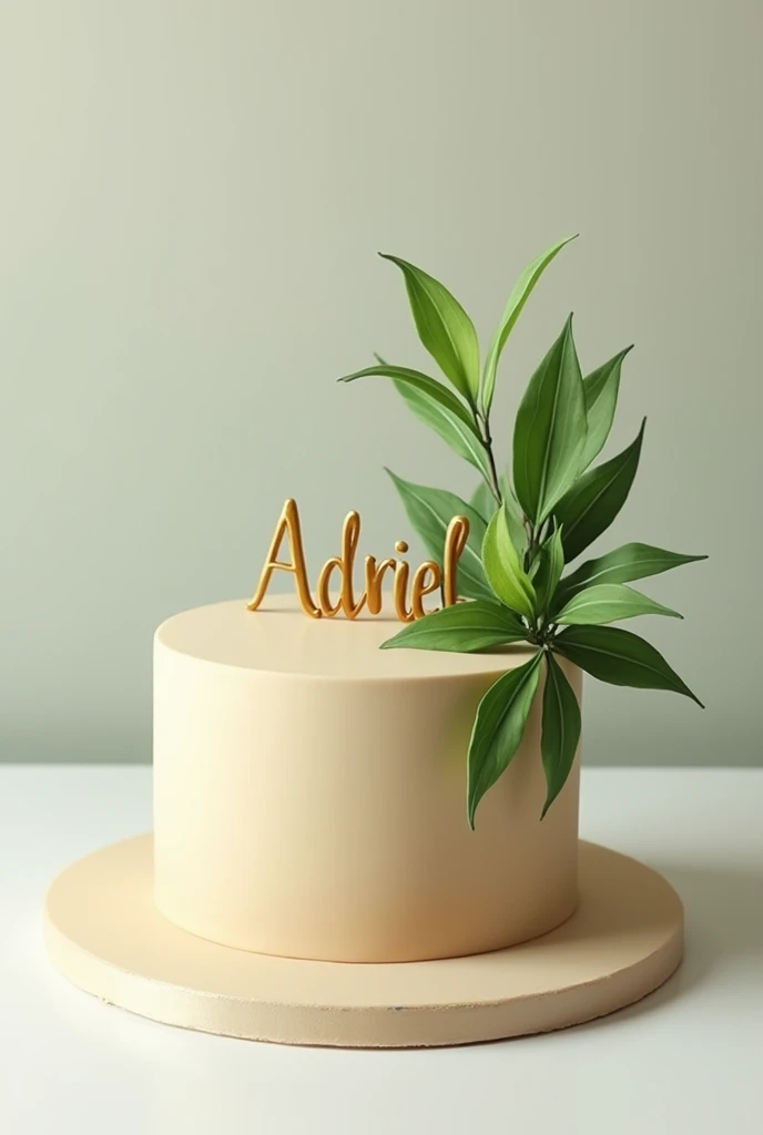 One-tier cake, beige, with green leaves and the name ADRIEL