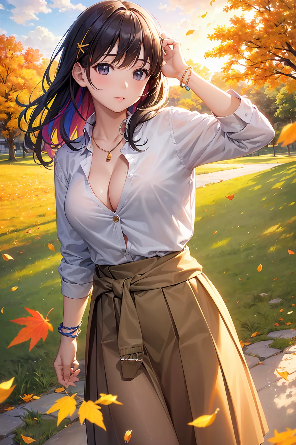 Bright lighting、Beautiful illustrations、
(8k, RAW Photos, Highest quality, masterpiece:1.2), (Realistic, Photorealistic:1.37), Ultra-detailed, 1 person, solo, cute, Beautiful poop、(School uniforms:1.2), (Improve:1.2), (White shirt:1.3), (Beige cardigan tied around the waist:1.3), ((Cleavage, Button unbuttoned):1.2), (Checkered Pleated Skirt:1.2), ((necklace,Colorful Bracelets,x Hair accessories):1.2), Mountain, wood々Yellow leaves of, autumn leaves、Background view, sunset, sunlight, Beautiful afternoon, cloud, Wind in my hair, Leaves flutter, Environment details, More vibrant colors, Saturation effect