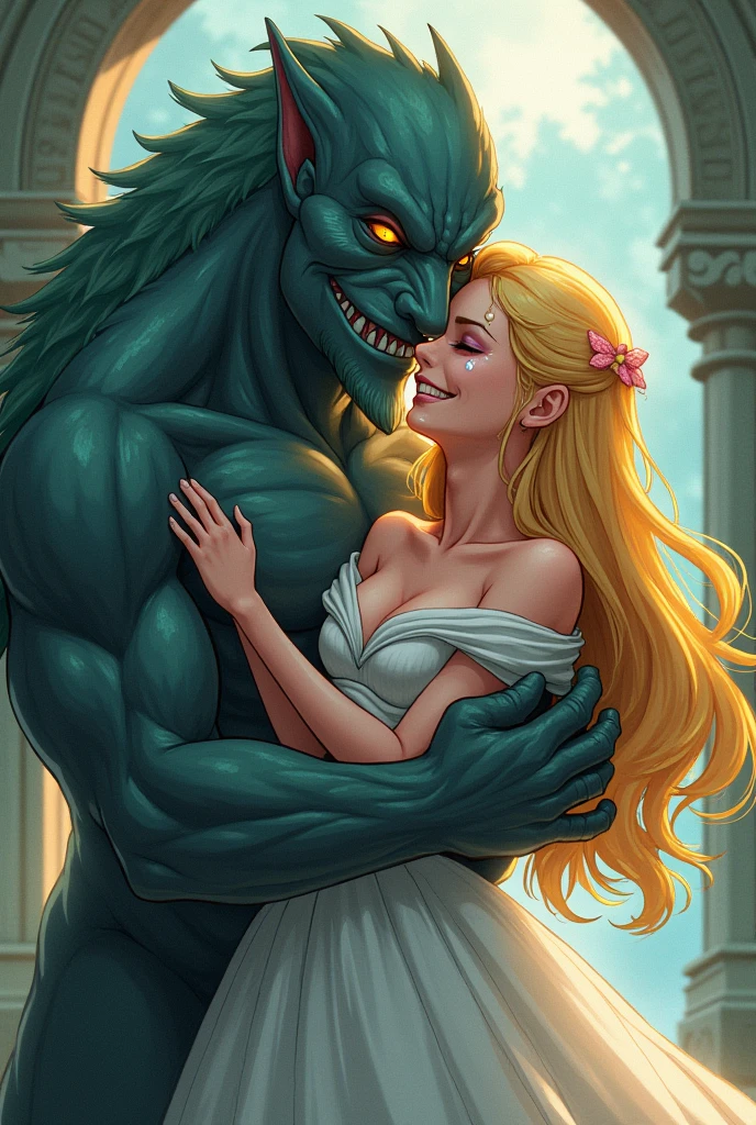 A monster fell in love with a blonde princess holding ass to each other and crying with tears of Joy in anime