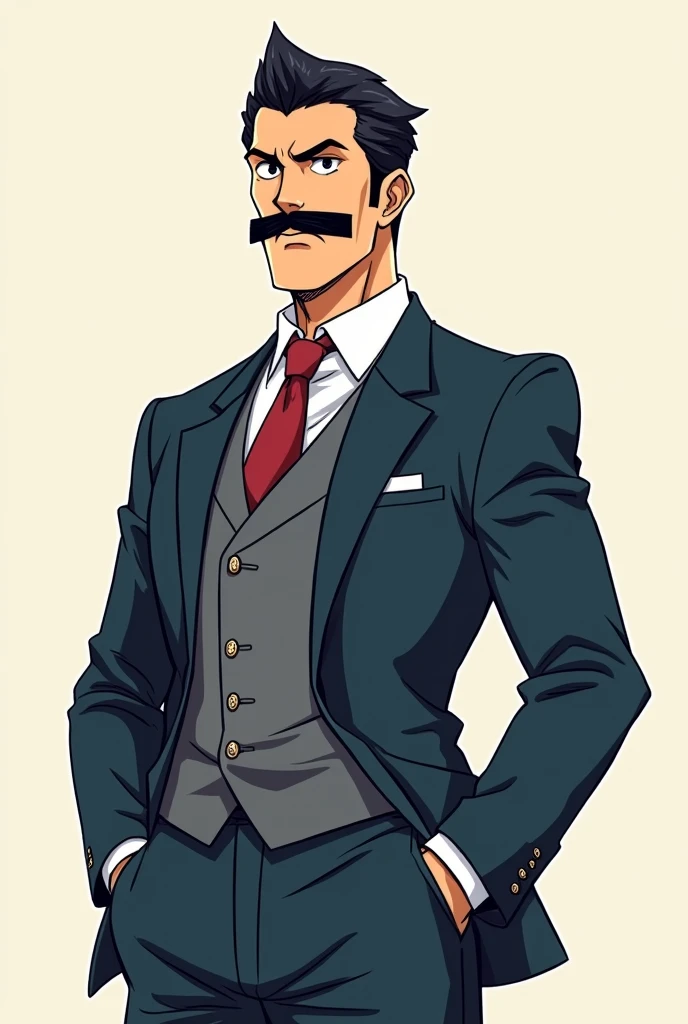 Make an anime style image of a man with a rectangular mustache wearing a Japanese school uniform