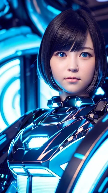 Wide-angle shot, 1 female, Mecha, Glowing blue-black eyes, Very cute face, (Realistic:1.37), バイオMechaニカル, Spaceship interior bokeh background, Ultra-realistic, Very detailed, Very intricate details, Beautiful woman in focus、blue、