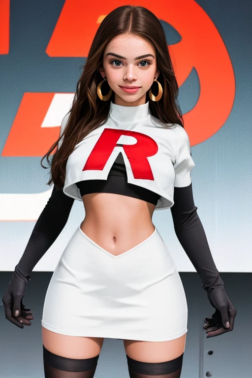 The face of Olivia Rodrigo, 1girl, solo, team rocket,team rocket uniform,white skirt,red letter R,crop top,black thigh-highs,black elbow gloves, earrings, large breasts, 