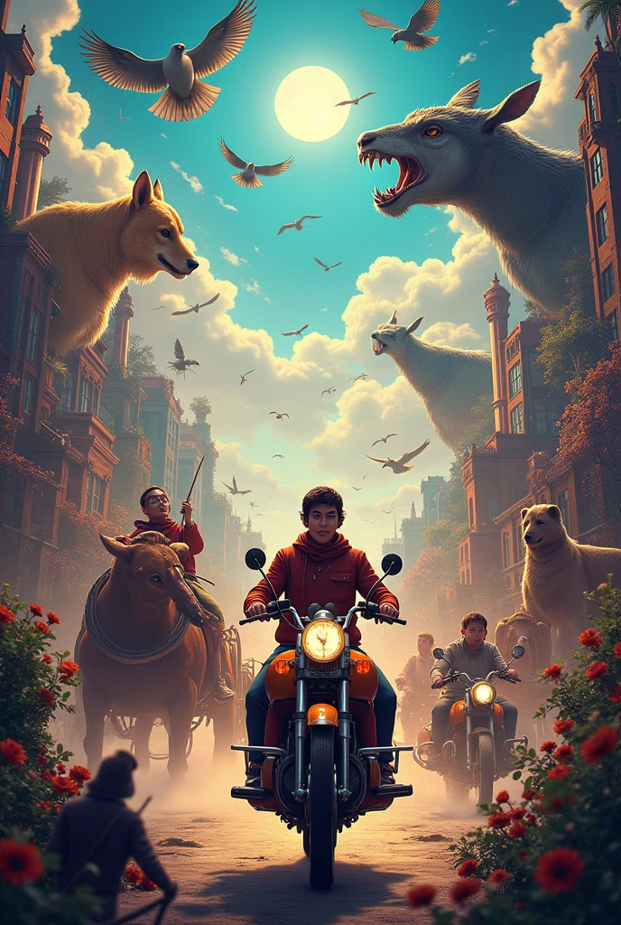 channel cover image for youtube, with varying intensity, containing animals, carriages, motorcycles, music instruments, symbols...