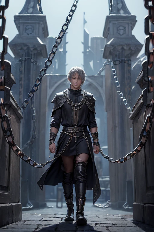 (chains:1.5), Chain world. A world made of chains. Chains are everywhere, sword bound in chains. chained like prisoners and slaves. Chains, blade l god with chains, created in a medieval city, in the Gothic style, giant chains,