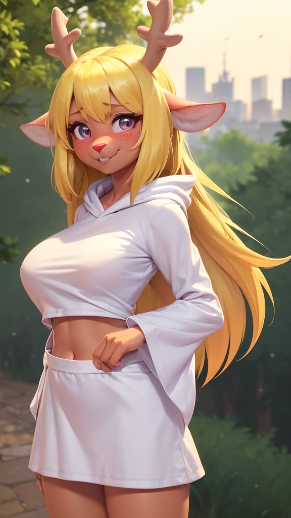 (noelle, furry female anthro, blonde hair, deer girl, red deer nose, white eyes, white pupils, white robe, hooded robe, big breasts, midriff), hands on hips, green neon city, smiling, three-quarter view, blushing
