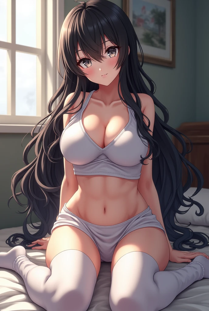 A girl with white skin and grey eyes, Long hair, Curly black girl with sits with her legs spread taking a realistic anime style photo in a tennis miniskirt and long white stockings