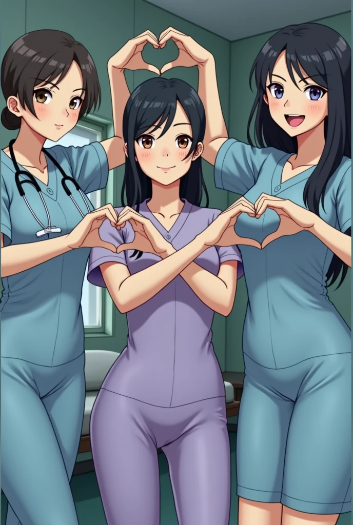 photograph, cowboy shot, three women with hands together making heart shape, smiling beautiful Japanese female nurses wearing nurse uniform, hourglass figure, beautiful detailed face, black hair, pale skin, fair skin, realistic skin, detailed cloth texture, detailed hair texture, Perfect proportion, Anatomically correct, Highly detailed face and skin texture, private modern hospital room, looking at viewer, asian face , perfect anatomy, realistic