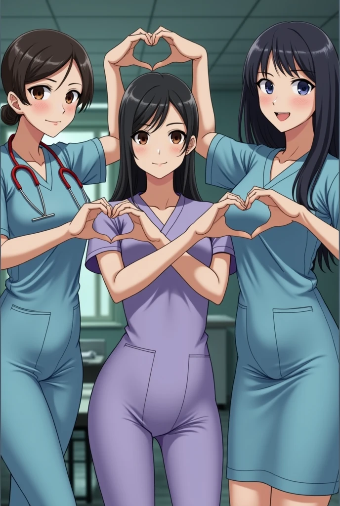 photograph, cowboy shot, three women with hands together making heart shape, smiling beautiful Japanese female nurses wearing nurse uniform, hourglass figure, beautiful detailed face, black hair, pale skin, fair skin, realistic skin, detailed cloth texture, detailed hair texture, Perfect proportion, Anatomically correct, Highly detailed face and skin texture, private modern hospital room, looking at viewer, asian face , perfect anatomy, realistic