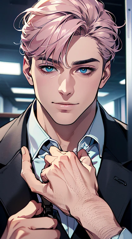 (best quality,4k,8k,highres,masterpiece:1.2),ultra-detailed,(realistic,photorealistic,photo-realistic:1.37),1 man,3,mature man,very handsome,without expression,smile,short grey pink hair,blue eyes,penetrating gaze,perfect face without errors,imposing posture,businessman,office background,cinematic lighting,hdr image