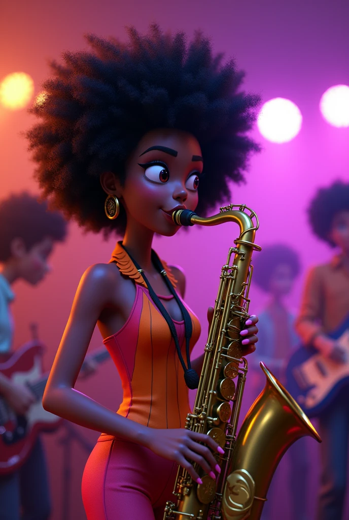 (masterpiece, Highest quality), Afro-haired Japanese woman playing the saxophone, beautiful顔, , beautiful, band, Cool vibe,, Cute night vibe, concentrate,, Funk , Neon colored clothes , Small breasts, smile, live house,(Pixar).(3d)