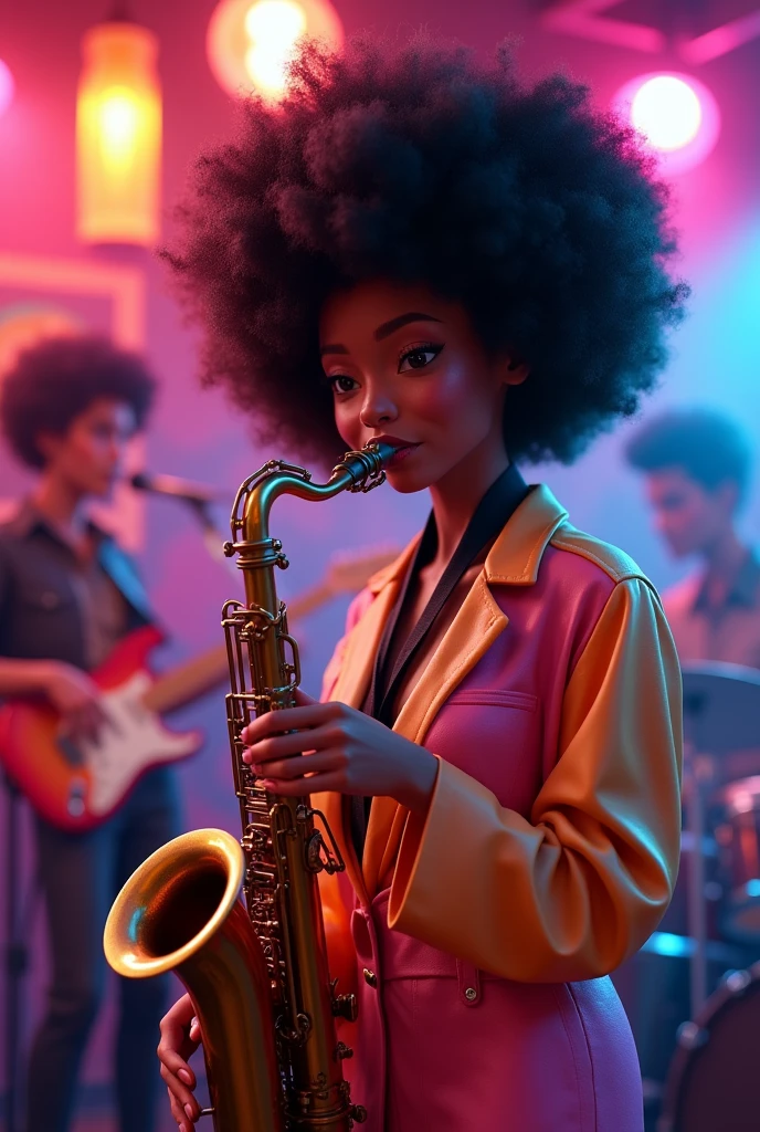 (masterpiece, Highest quality), Afro-haired Japanese woman playing the saxophone, beautiful顔, , beautiful, band, Cool vibe,, Cute night vibe, concentrate,, Funk , Neon colored clothes , Small breasts, smile, live house,(Pixar).(3d)