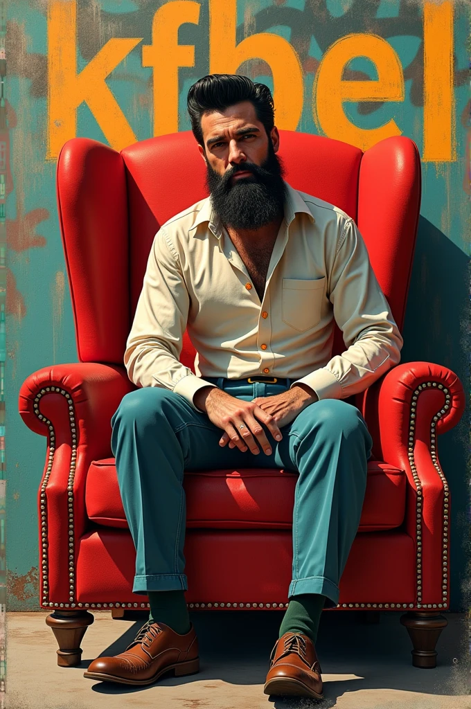 elvis and bearded mountain man sitting on a red chair in front of a graffiti "KFBEL"backdrop, by Mark Brooks, cgsociety, retro style art, beautiful retro art, rockabilly, retro art style, 1950s illustration style