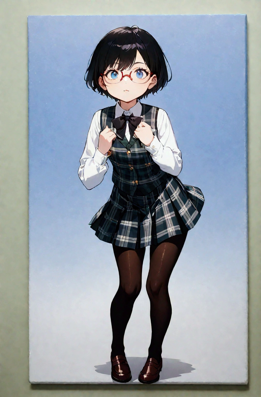 1girl, short hair, black hair, blue eyes, short hair, very short hair, bow, school uniform, plaid vest, plaid skirt, glasses, standing, full body, pantyhose, androgynous, best quality, amazing quality, very aesthetic, masterpiece