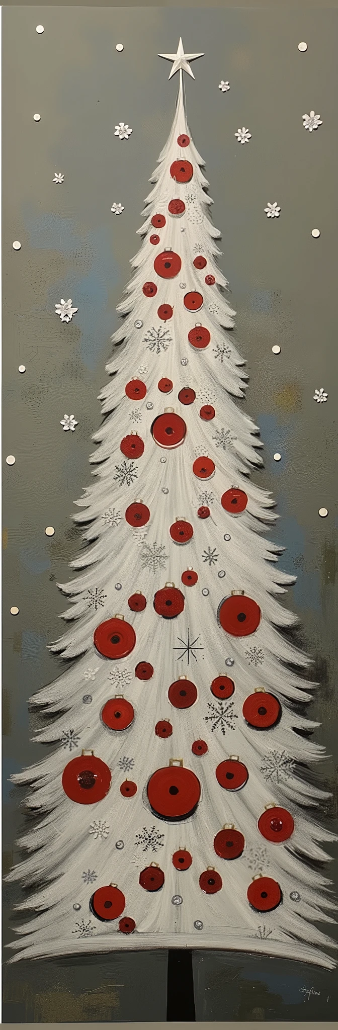The image features a stylized representation of a Christmas tree. The tree is elongated and tapers to a point at the top, where a star is placed. It is adorned with red ornaments and surrounded by white snowflakes against a grey background, creating a festive and wintery atmosphere.